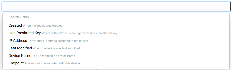 Activated device search box with field dropdown