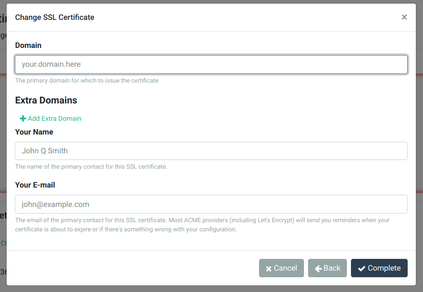 Let's Encrypt configuration dialog